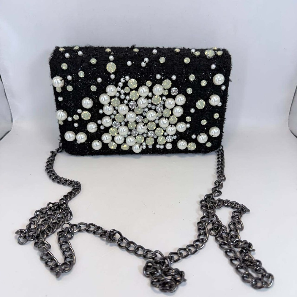 Sondra Roberts Black Tweed Pearl Crystal Evening Clutch Crossbody Bag